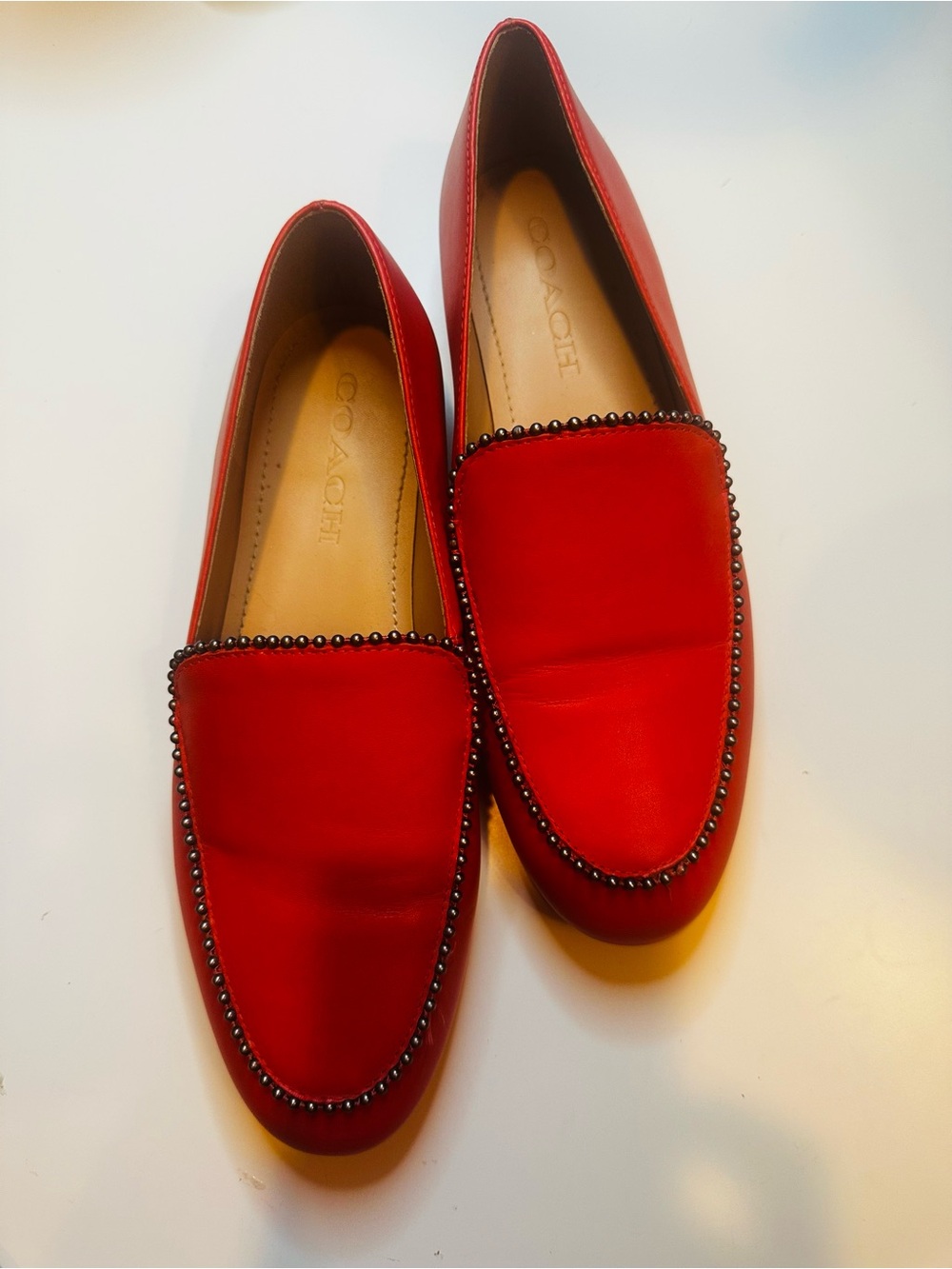 Coach tangerine Leather Stud-Trim Slip-On Loafers